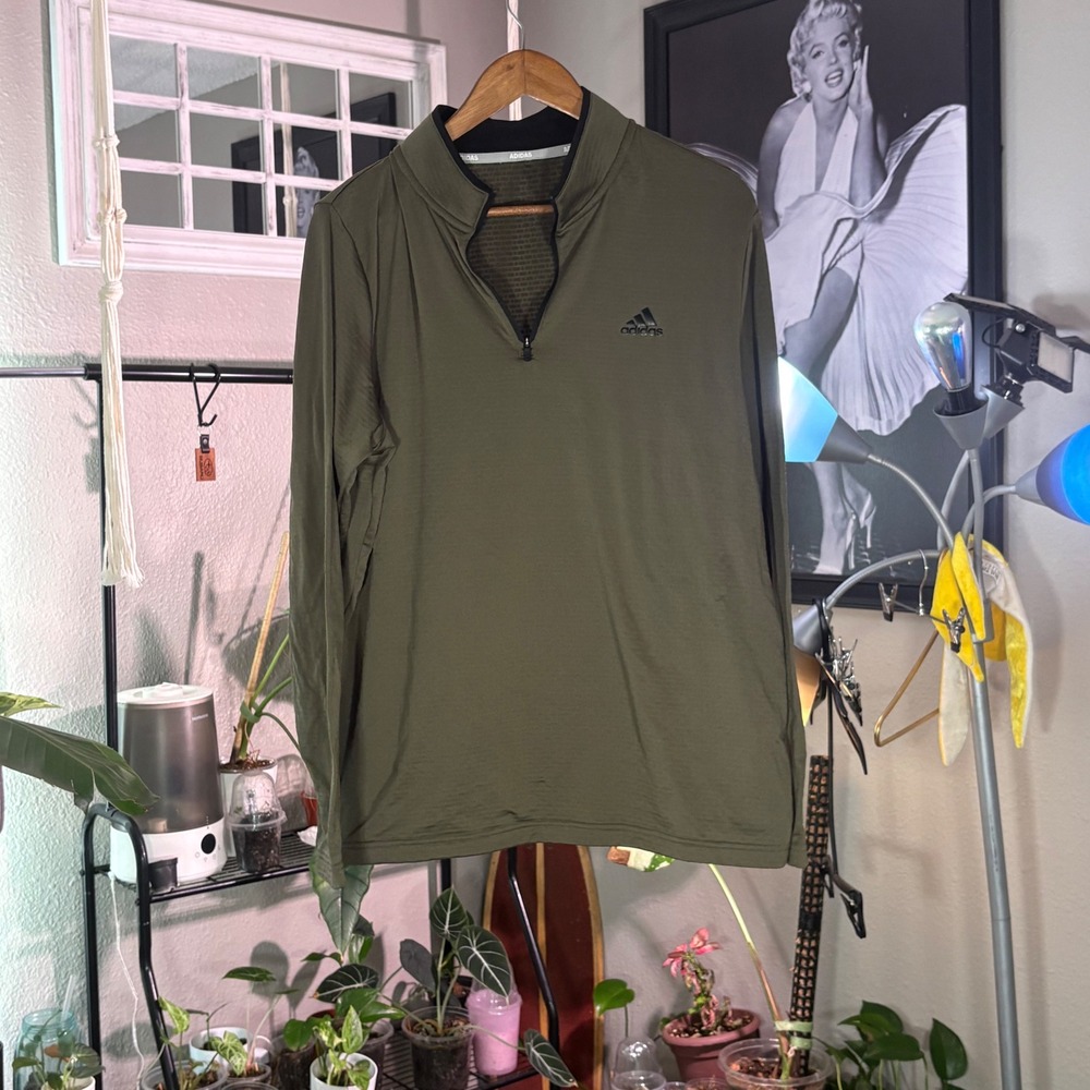 Adidas Quarter Zip Pullover Mens‎ L Olive Green Excellent Lightweight Stretch